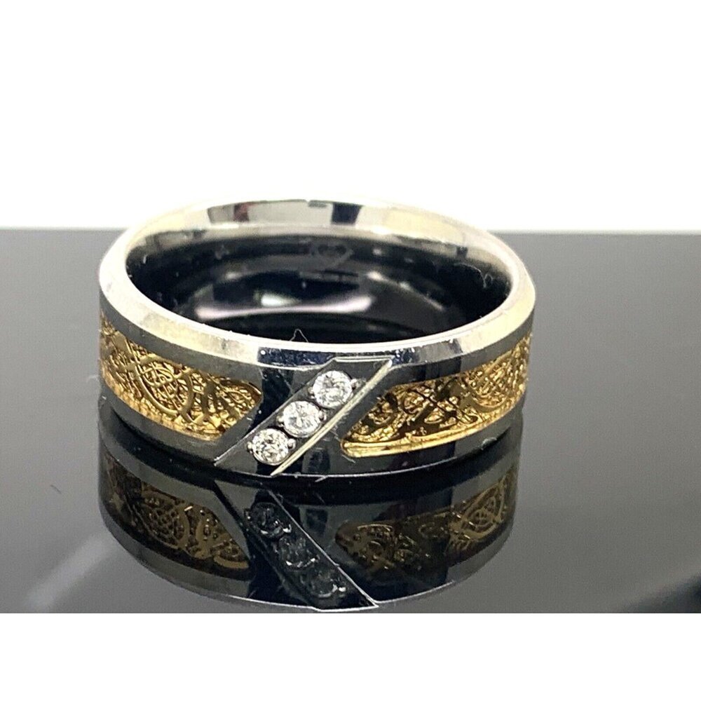 Men's Wedding Band Two Tone Steel 0.03ctw Diamond 8mm Wide Ring Size 10.75